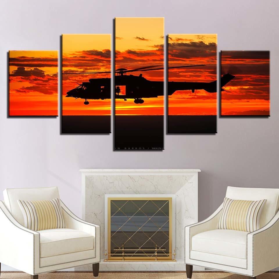 Helicopter Sunset 5 Piece HD Multi Panel Canvas Wall Art Frame-Original Frame