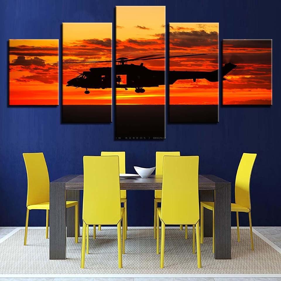 Helicopter Sunset 5 Piece HD Multi Panel Canvas Wall Art Frame-Original Frame
