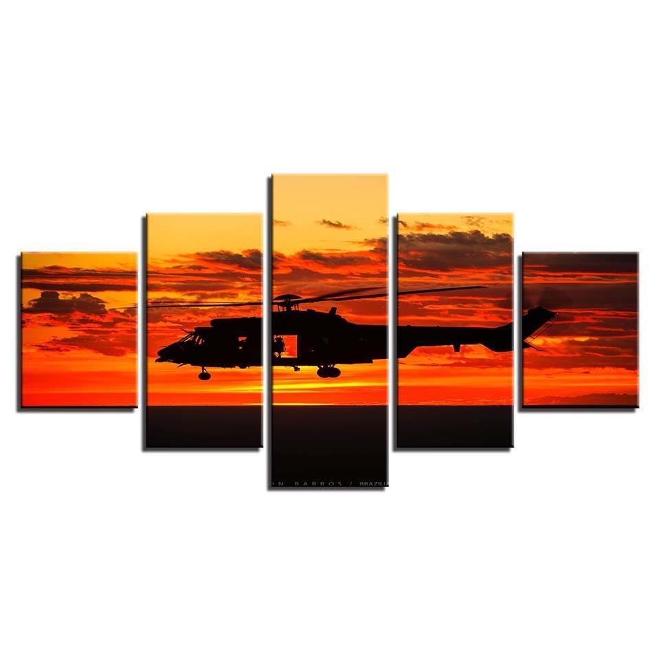 Helicopter Sunset 5 Piece HD Multi Panel Canvas Wall Art Frame-Original Frame