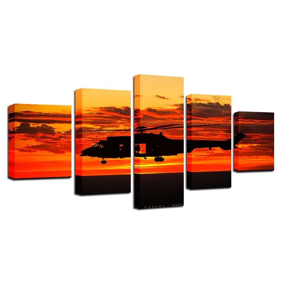 Helicopter Sunset 5 Piece HD Multi Panel Canvas Wall Art Frame-Original Frame
