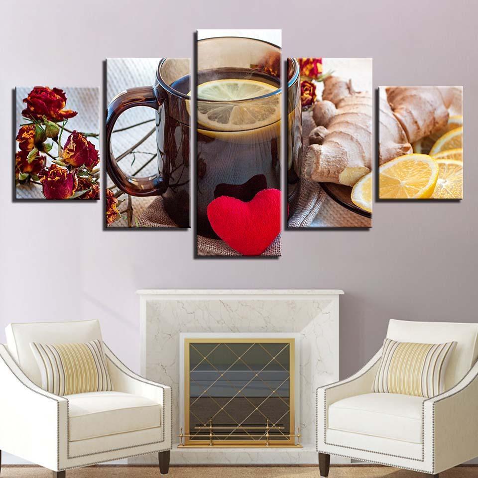 Ginger Lemon Tea 5 Piece HD Multi Panel Canvas Wall Art Frame-Original Frame