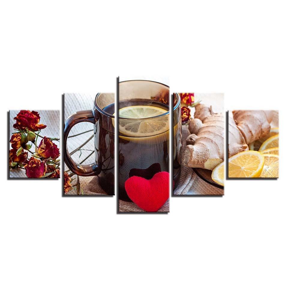 Ginger Lemon Tea 5 Piece HD Multi Panel Canvas Wall Art Frame-Original Frame