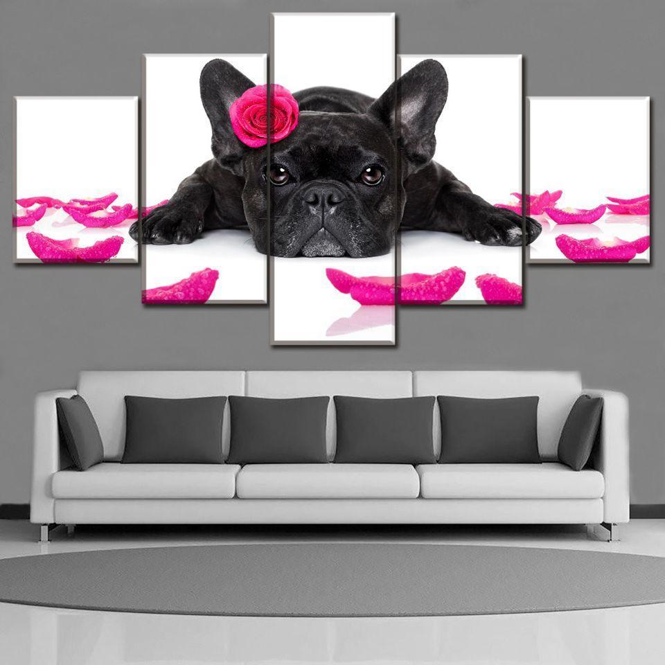 Flowers Dog 5 Piece HD Multi Panel Canvas Wall Art Frame-Original Frame