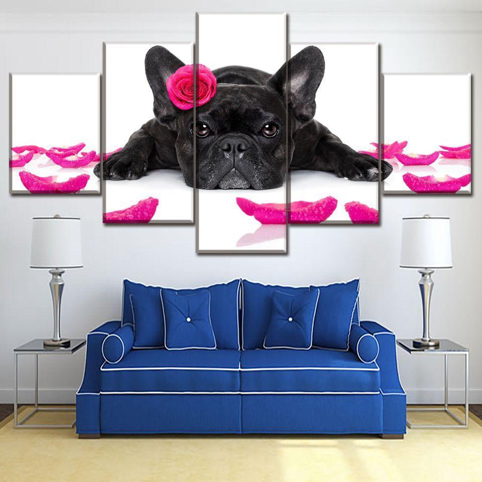 Flowers Dog 5 Piece HD Multi Panel Canvas Wall Art Frame-Original Frame