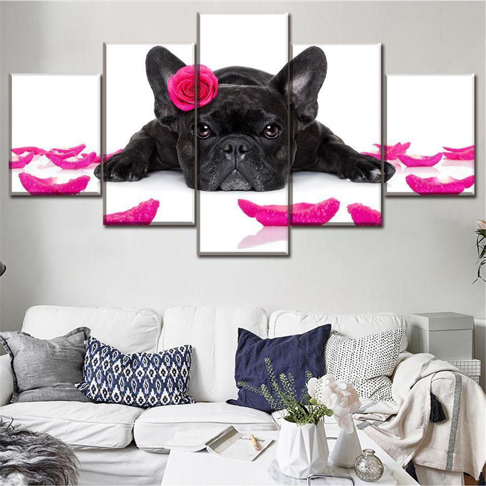 Flowers Dog 5 Piece HD Multi Panel Canvas Wall Art Frame-Original Frame