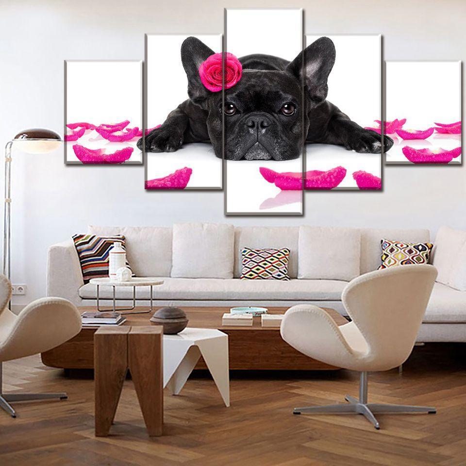 Flowers Dog 5 Piece HD Multi Panel Canvas Wall Art Frame-Original Frame