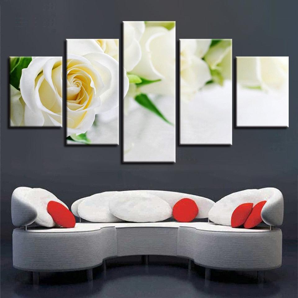 White Roses 5 Piece HD Multi Panel Canvas Wall Art Frame-Original Frame