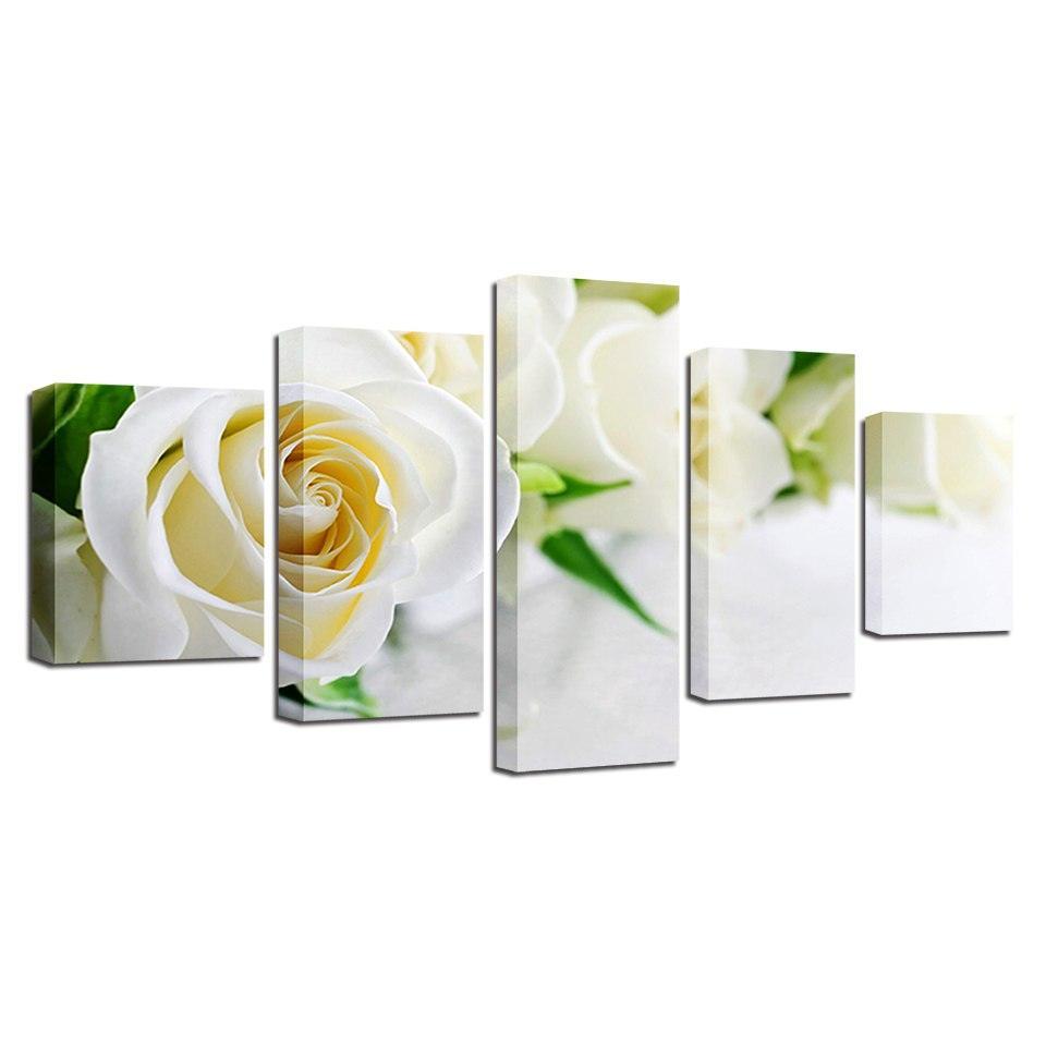 White Roses 5 Piece HD Multi Panel Canvas Wall Art Frame-Original Frame
