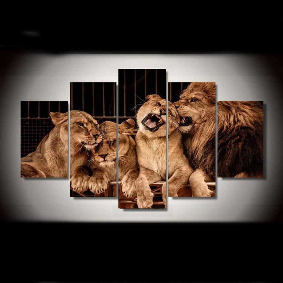 Lion Family 5 Piece HD Multi Panel Canvas Wall Art Frame-Original Frame