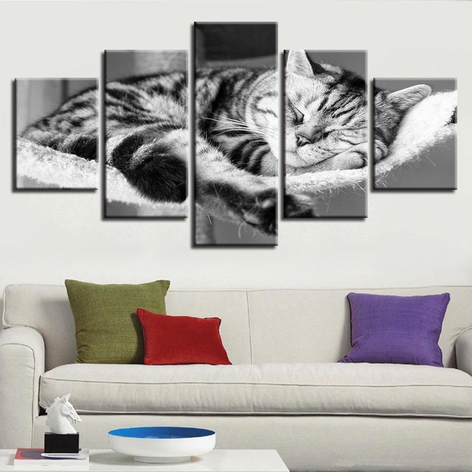 Sleeping Cat 5 Piece HD Multi Panel Canvas Wall Art Frame-Original Frame