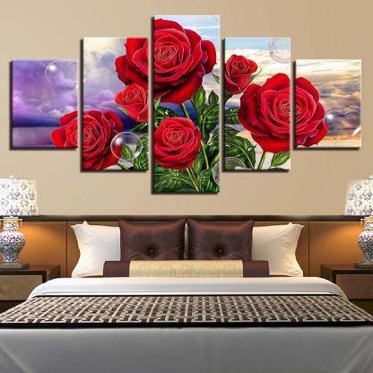 Red Roses 5 Piece HD Multi Panel Canvas Wall Art Frame-Original Frame