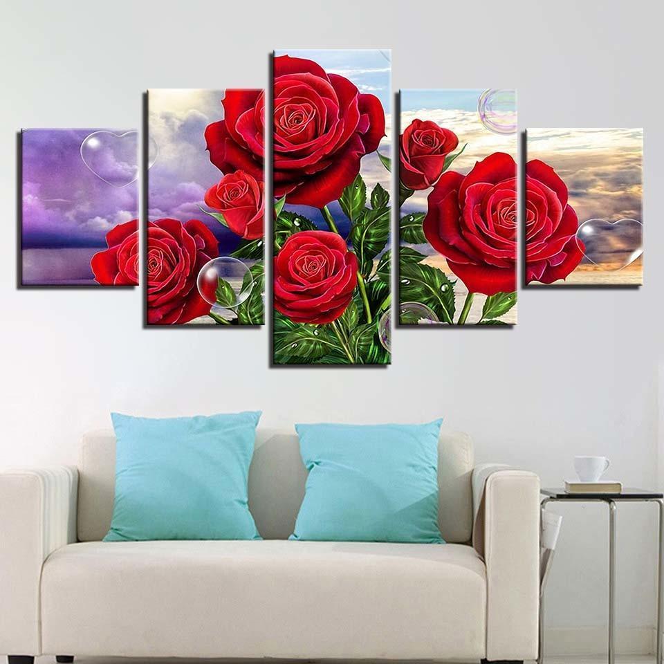 Red Roses 5 Piece HD Multi Panel Canvas Wall Art Frame-Original Frame
