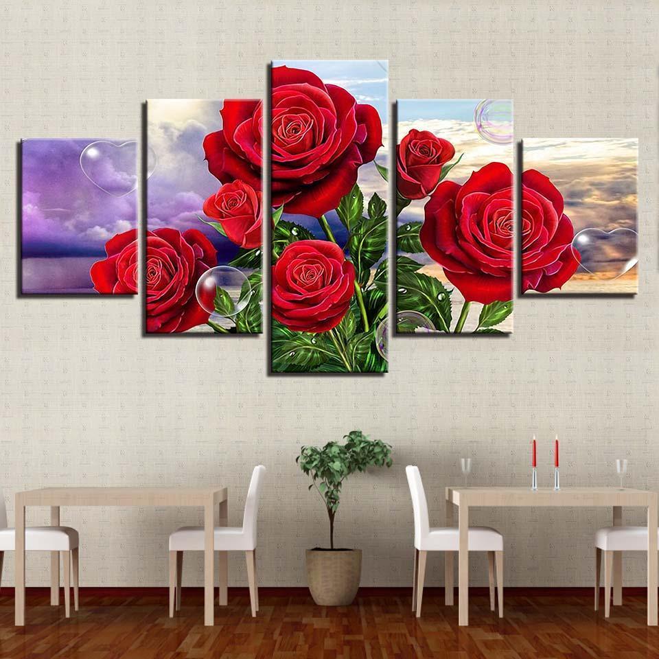 Red Roses 5 Piece HD Multi Panel Canvas Wall Art Frame-Original Frame