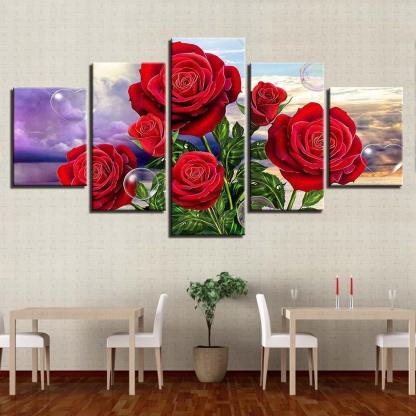 Red Roses 5 Piece HD Multi Panel Canvas Wall Art Frame-Original Frame