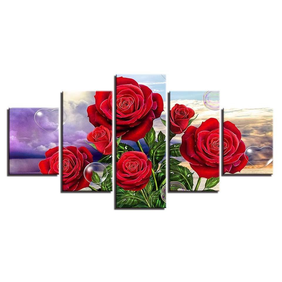 Red Roses 5 Piece HD Multi Panel Canvas Wall Art Frame-Original Frame