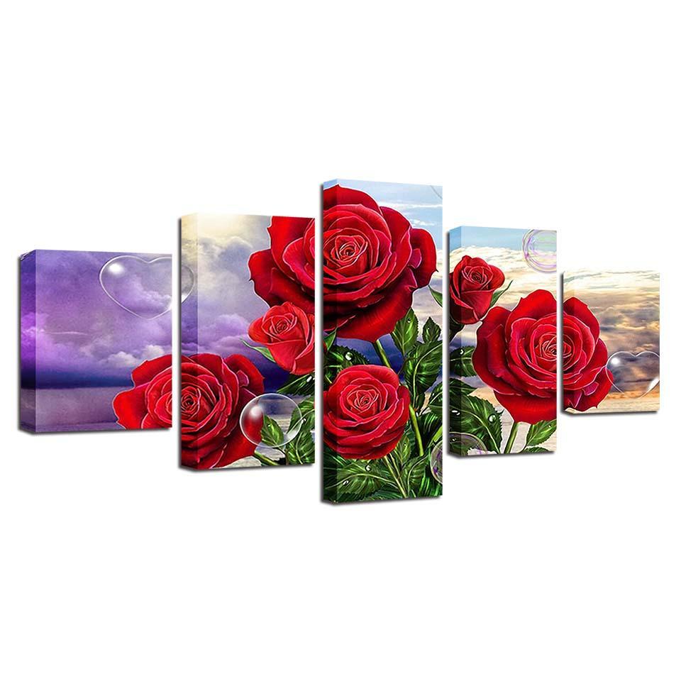 Red Roses 5 Piece HD Multi Panel Canvas Wall Art Frame-Original Frame