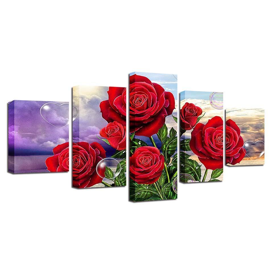 Red Roses 5 Piece HD Multi Panel Canvas Wall Art Frame-Original Frame