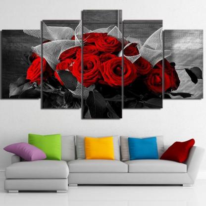 Beautiful Red Rose 5 Piece HD Multi Panel Canvas Wall Art Frame-Original Frame