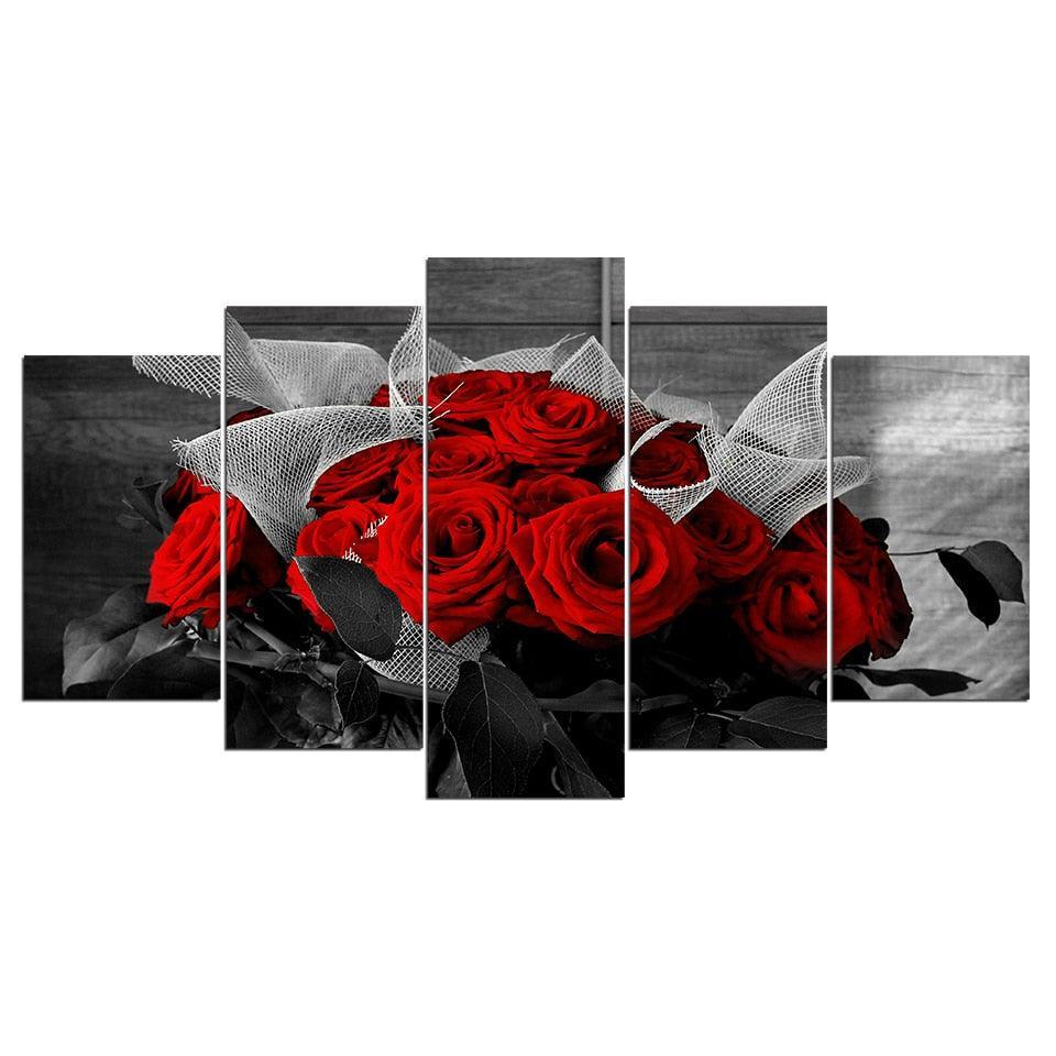 Beautiful Red Rose 5 Piece HD Multi Panel Canvas Wall Art Frame-Original Frame