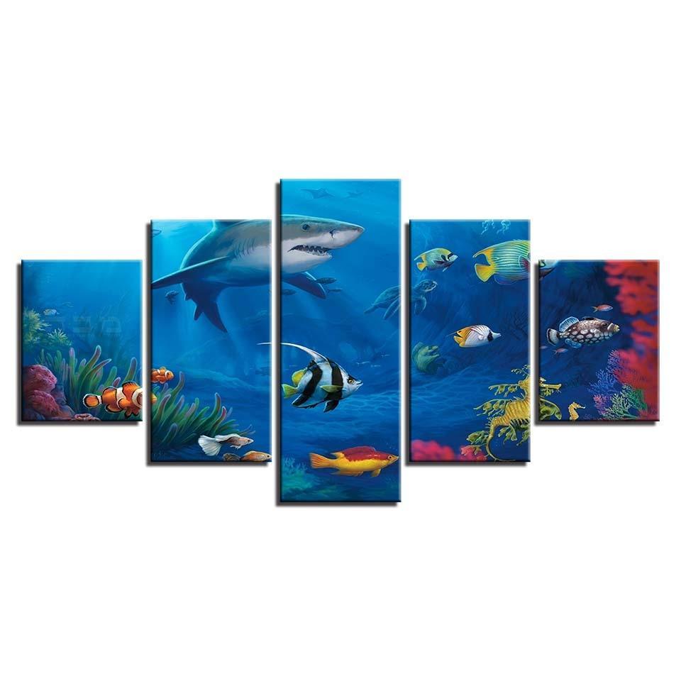 Marine Life 5 Piece HD Multi Panel Canvas Wall Art Frame-Original Frame