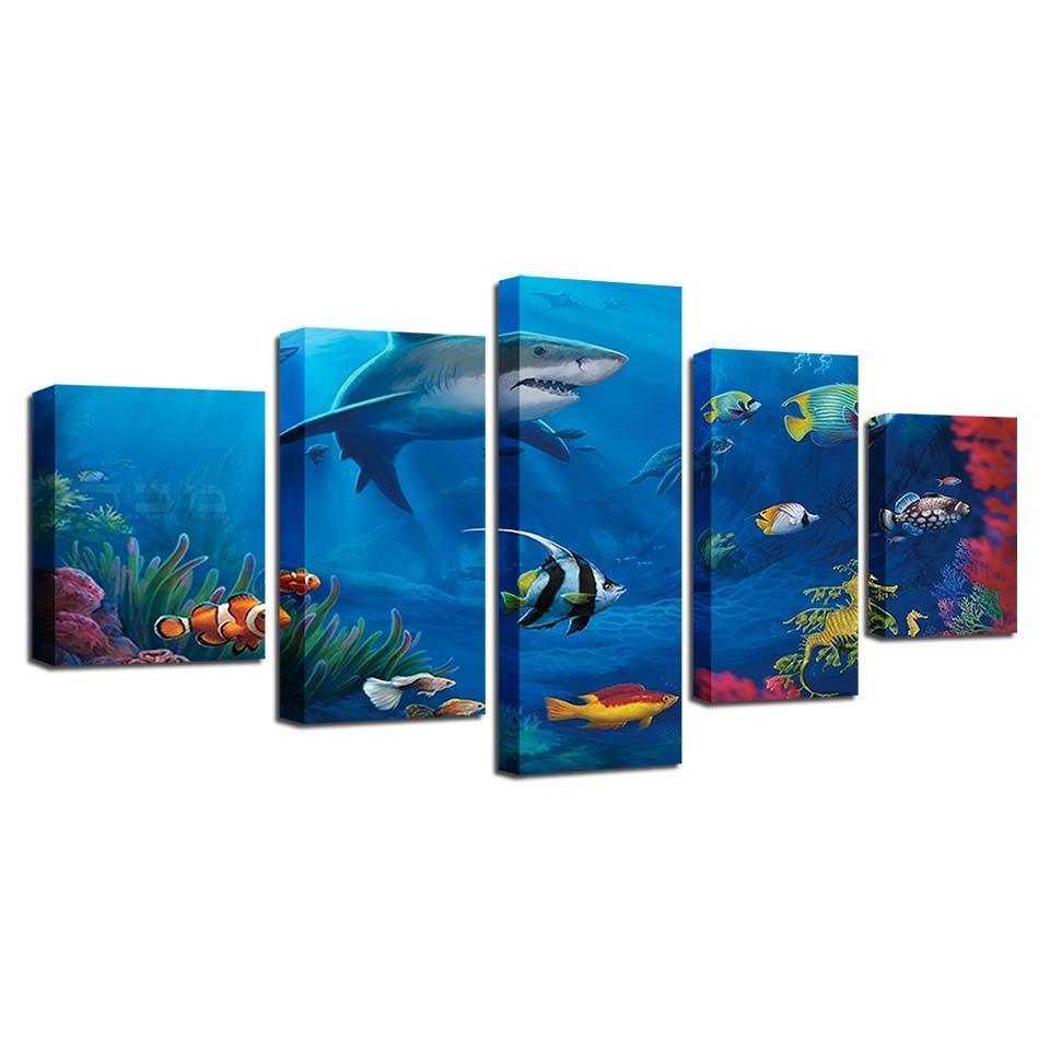 Marine Life 5 Piece HD Multi Panel Canvas Wall Art Frame-Original Frame