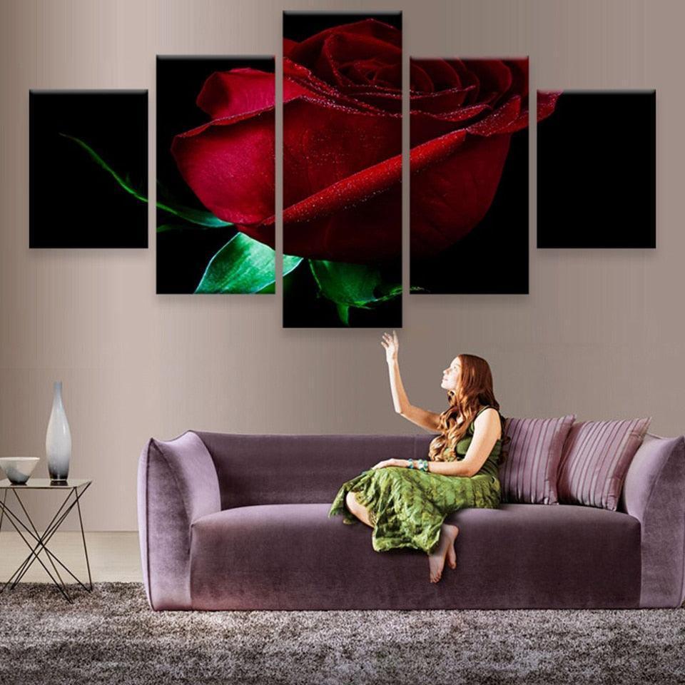 Red Rose 5 Piece HD Multi Panel Canvas Wall Art Frame-Original Frame