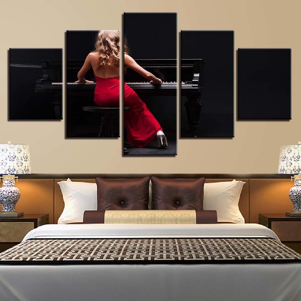 Woman In Red Plays The Piano 5 Piece HD Multi Panel Canvas Wall Art Frame-Original Frame