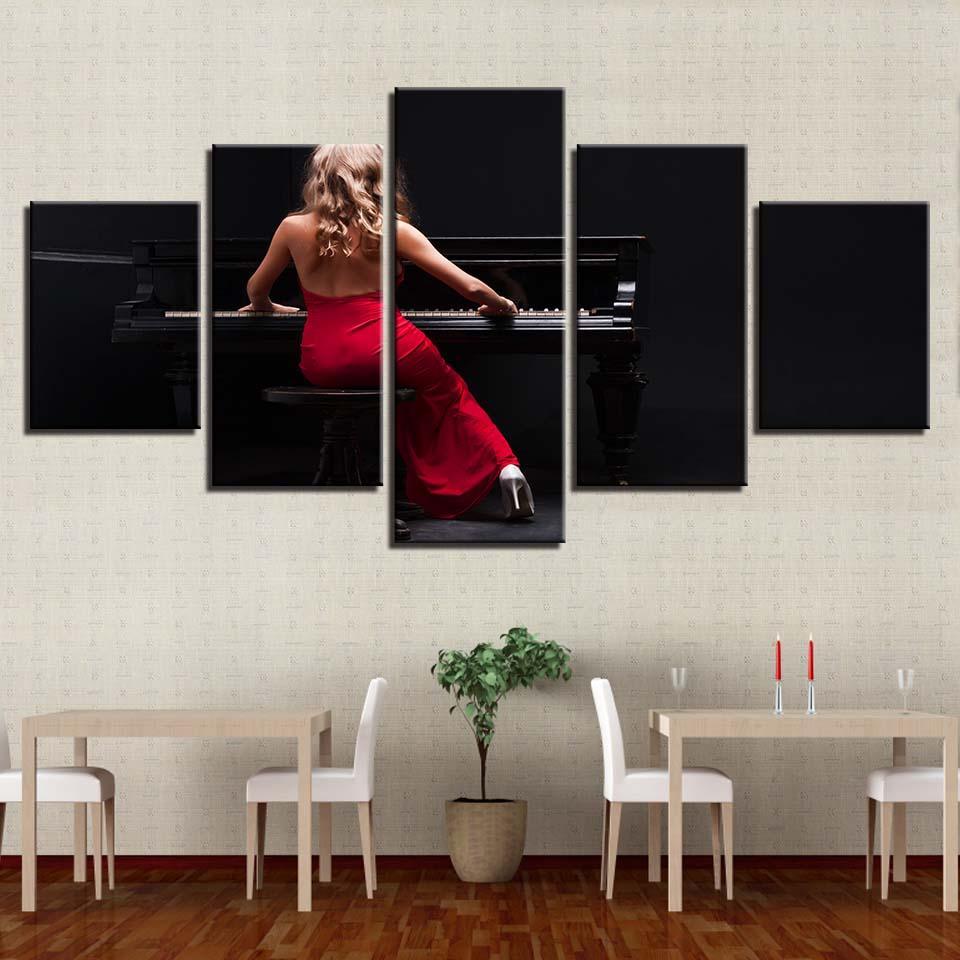 Woman In Red Plays The Piano 5 Piece HD Multi Panel Canvas Wall Art Frame-Original Frame