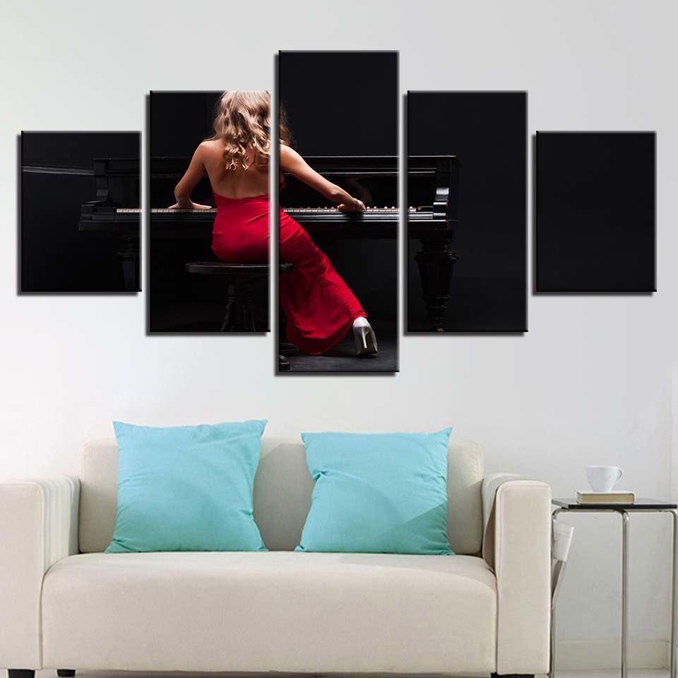 Woman In Red Plays The Piano 5 Piece HD Multi Panel Canvas Wall Art Frame-Original Frame