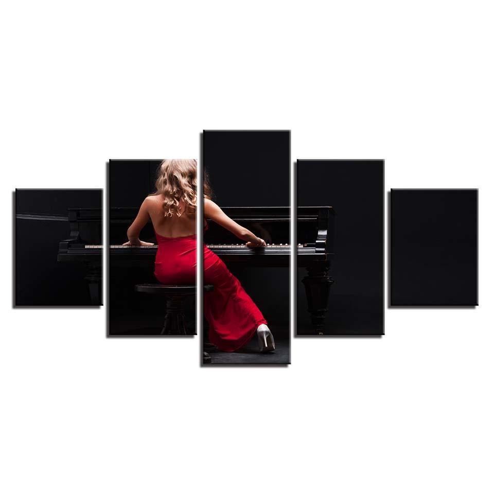 Woman In Red Plays The Piano 5 Piece HD Multi Panel Canvas Wall Art Frame-Original Frame