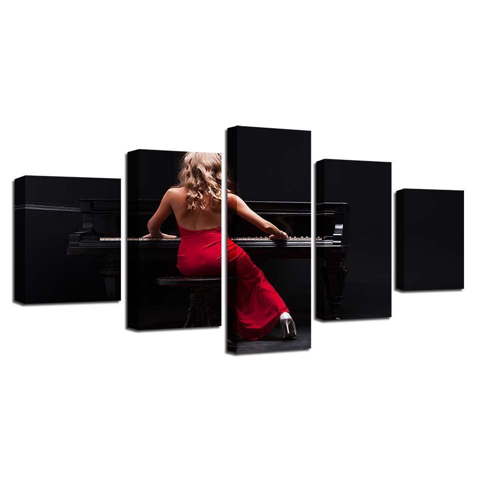 Woman In Red Plays The Piano 5 Piece HD Multi Panel Canvas Wall Art Frame-Original Frame