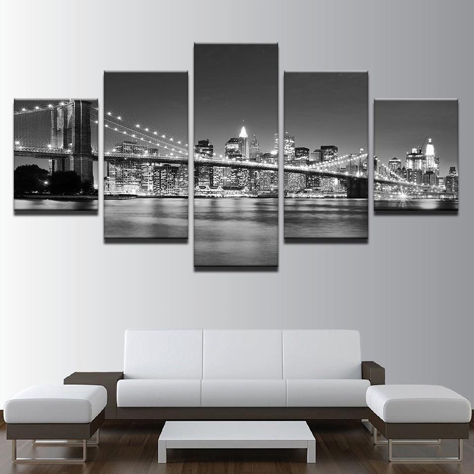 Black & White Brooklyn Bridge - 5 Piece HD Multi Panel Canvas Wall Art Frame-Original Frame