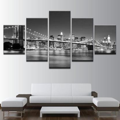 Black & White Brooklyn Bridge - 5 Piece HD Multi Panel Canvas Wall Art Frame-Original Frame