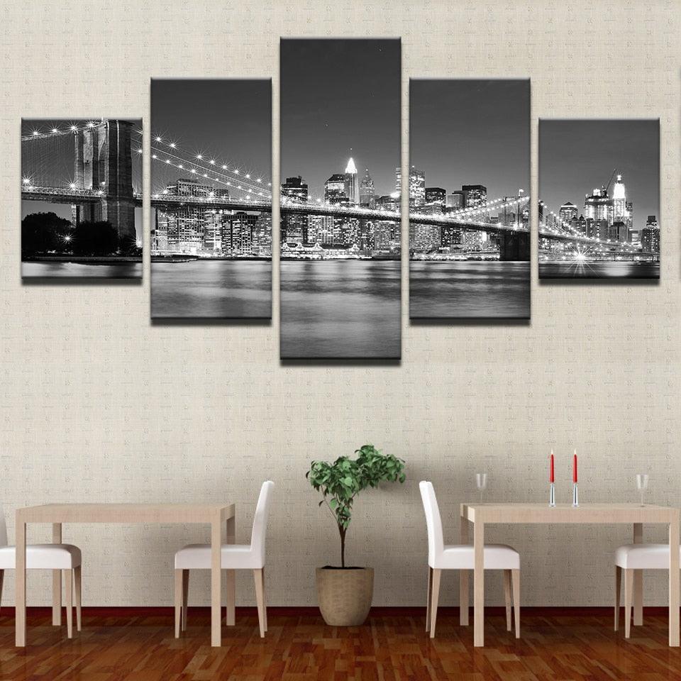 Black & White Brooklyn Bridge - 5 Piece HD Multi Panel Canvas Wall Art Frame-Original Frame