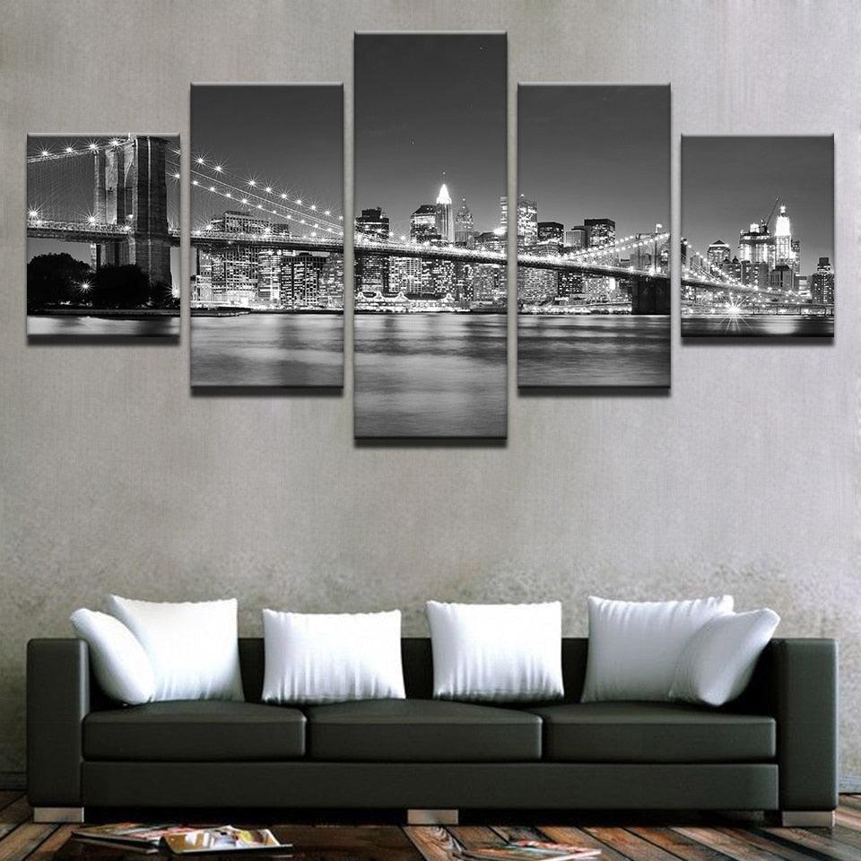 Black & White Brooklyn Bridge - 5 Piece HD Multi Panel Canvas Wall Art Frame-Original Frame