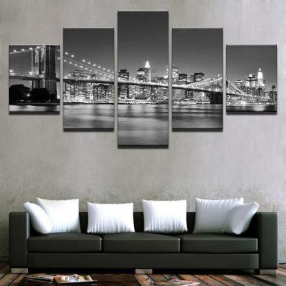 Black & White Brooklyn Bridge - 5 Piece HD Multi Panel Canvas Wall Art Frame-Original Frame