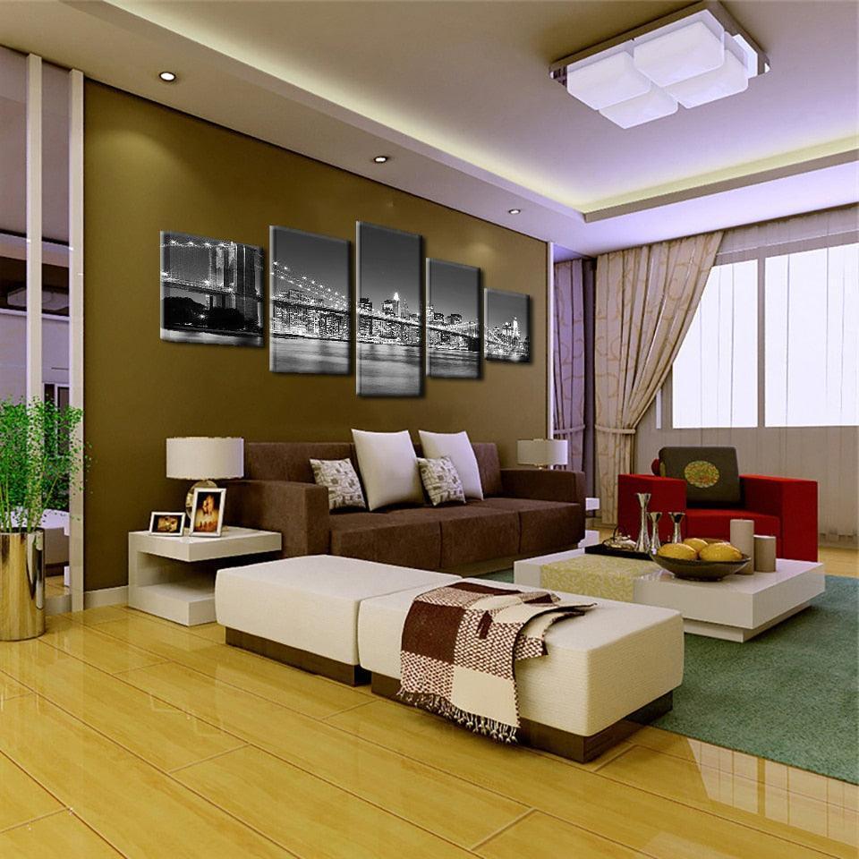 Black & White Brooklyn Bridge - 5 Piece HD Multi Panel Canvas Wall Art Frame-Original Frame