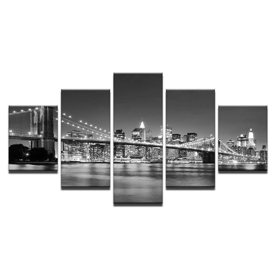 Black & White Brooklyn Bridge - 5 Piece HD Multi Panel Canvas Wall Art Frame-Original Frame