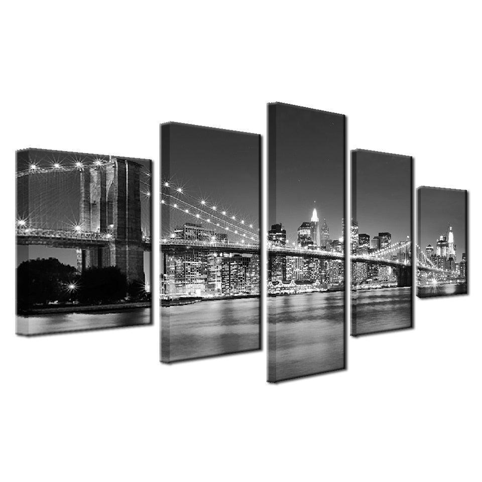 Black & White Brooklyn Bridge - 5 Piece HD Multi Panel Canvas Wall Art Frame-Original Frame