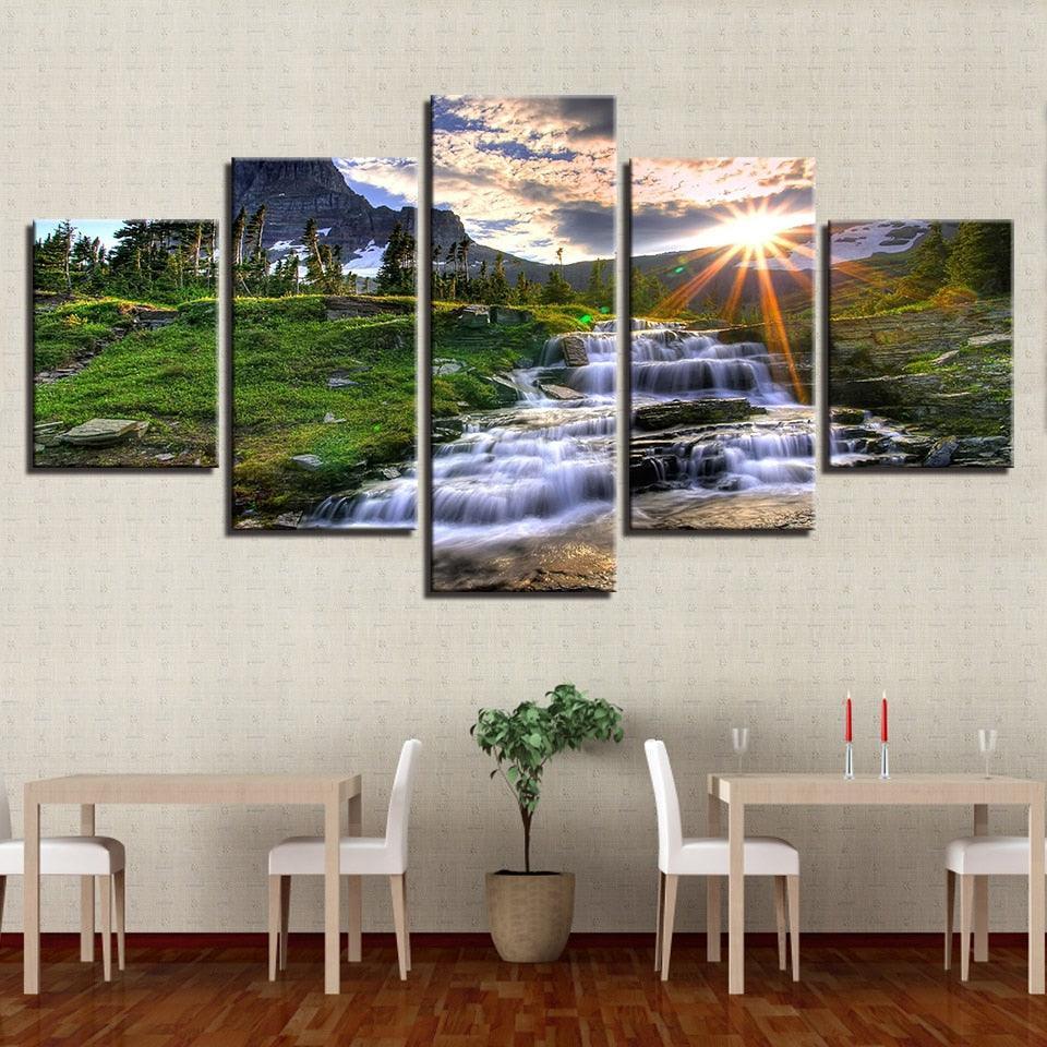 Mountain Waterfall Stream 5 Piece HD Multi Panel Canvas Wall Art Frame-Original Frame