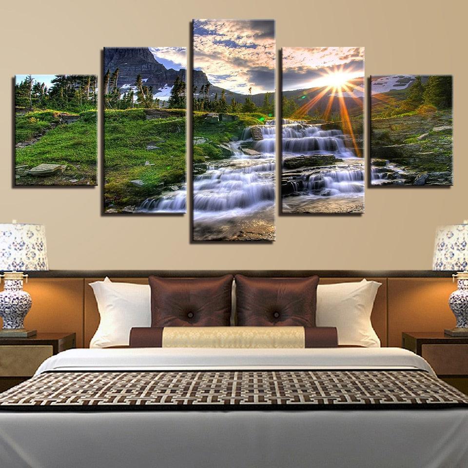 Mountain Waterfall Stream 5 Piece HD Multi Panel Canvas Wall Art Frame-Original Frame