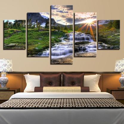 Mountain Waterfall Stream 5 Piece HD Multi Panel Canvas Wall Art Frame-Original Frame