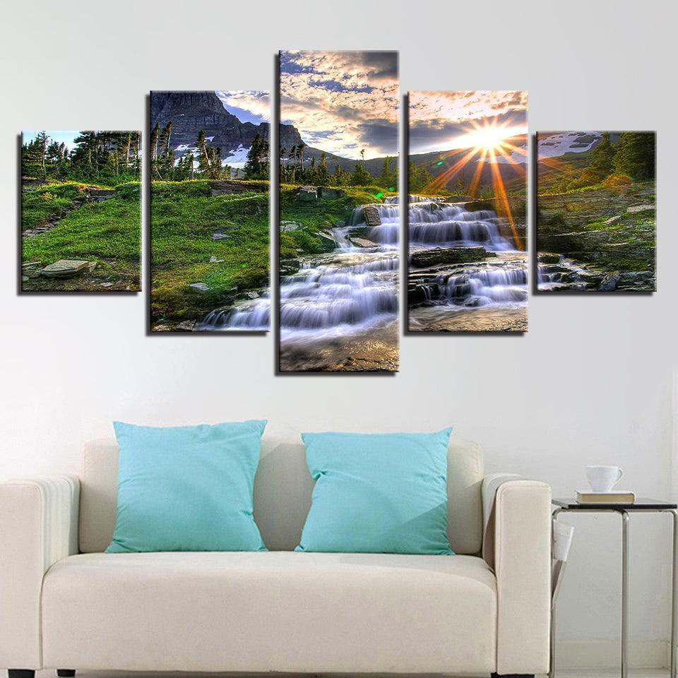 Mountain Waterfall Stream 5 Piece HD Multi Panel Canvas Wall Art Frame-Original Frame
