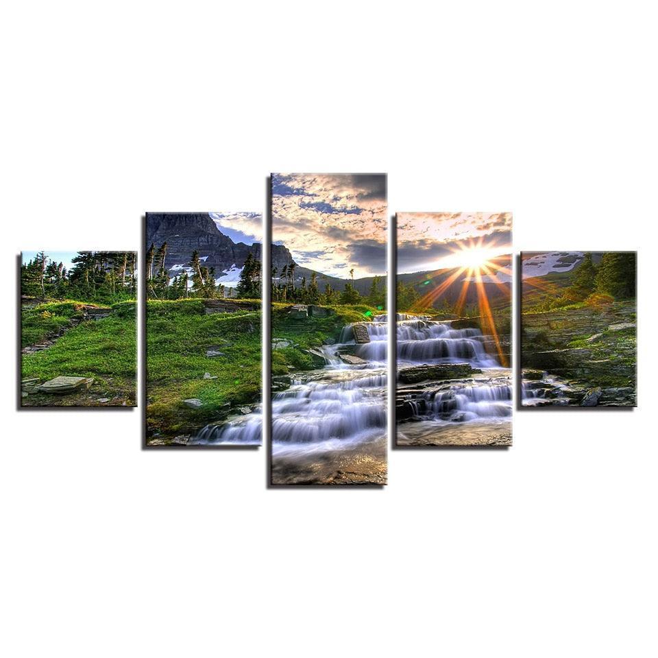 Mountain Waterfall Stream 5 Piece HD Multi Panel Canvas Wall Art Frame-Original Frame