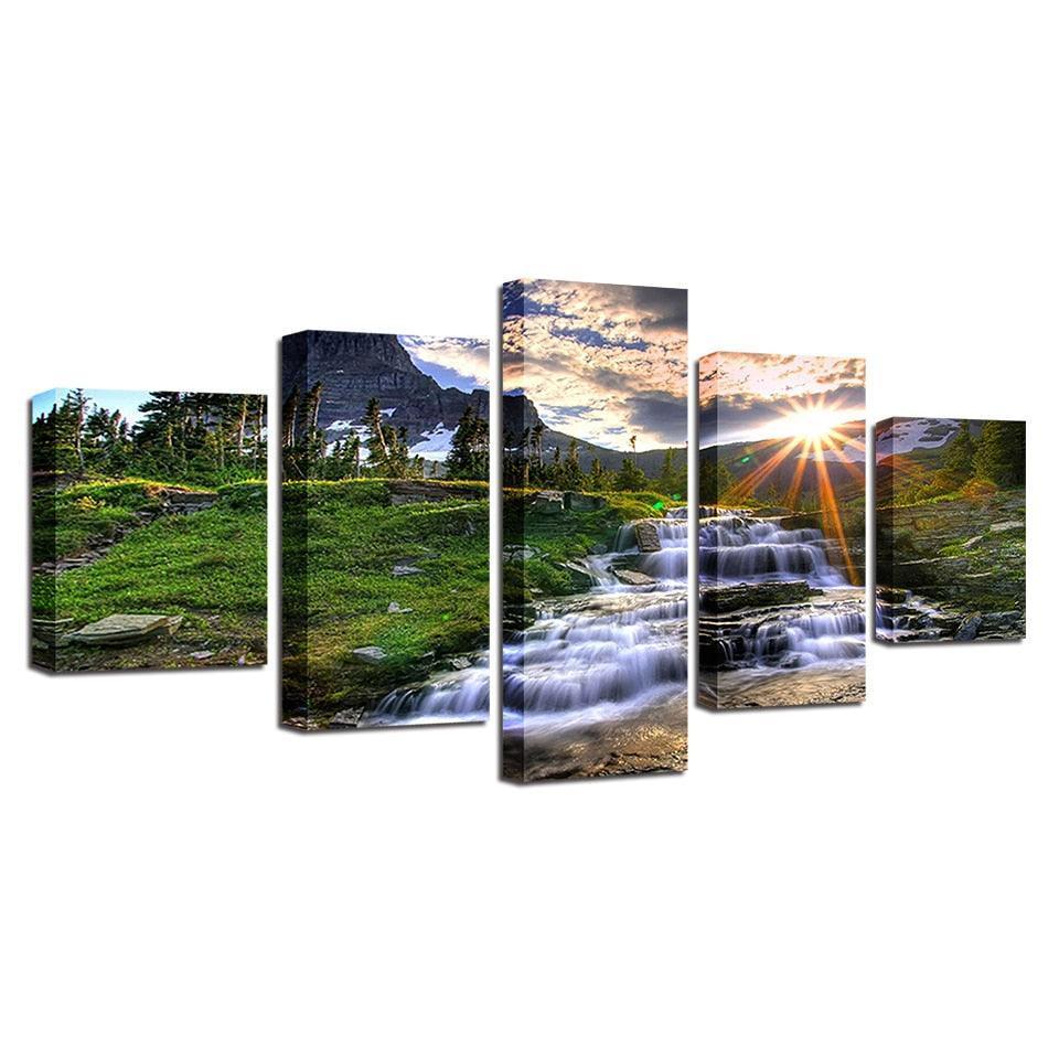 Mountain Waterfall Stream 5 Piece HD Multi Panel Canvas Wall Art Frame-Original Frame