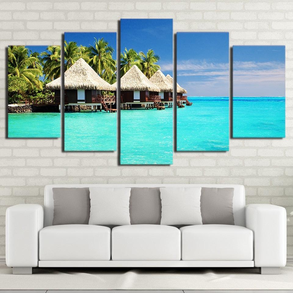 Beach Afternoon 5 Piece HD Multi Panel Canvas Wall Art Frame-Original Frame