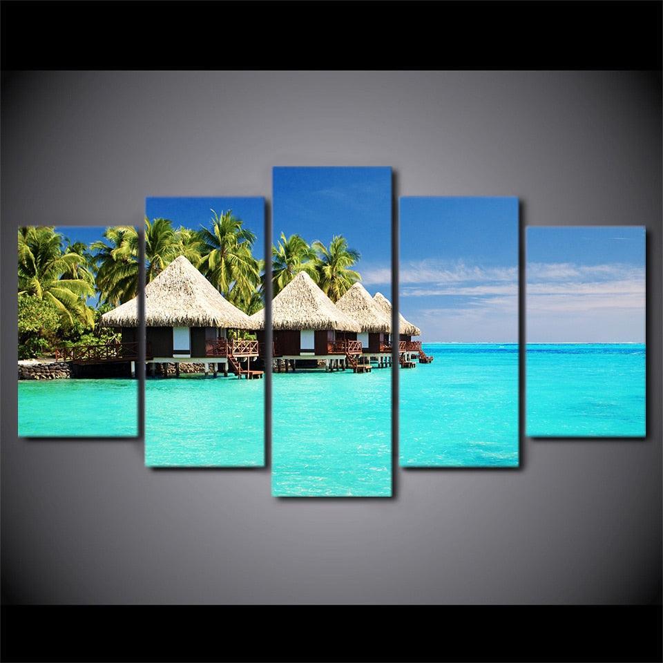 Beach Afternoon 5 Piece HD Multi Panel Canvas Wall Art Frame-Original Frame