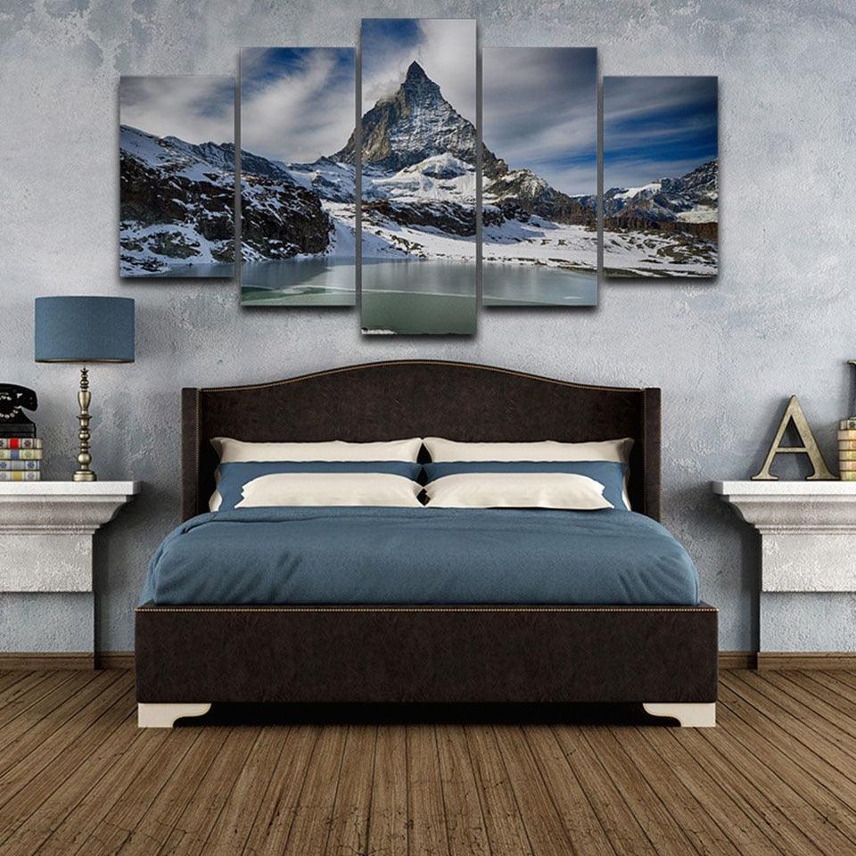 Zermatt Snow Mountain 5 Piece HD Multi Panel Canvas Wall Art Frame-Original Frame