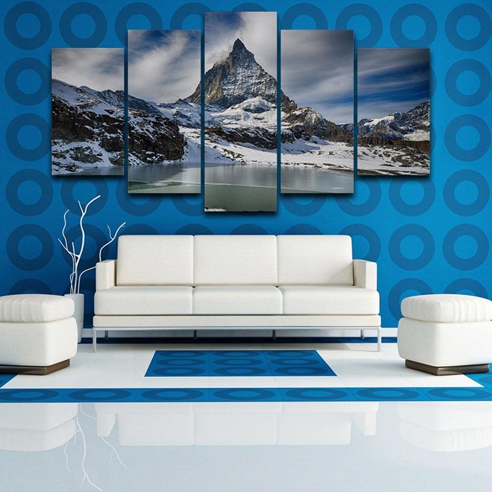 Zermatt Snow Mountain 5 Piece HD Multi Panel Canvas Wall Art Frame-Original Frame