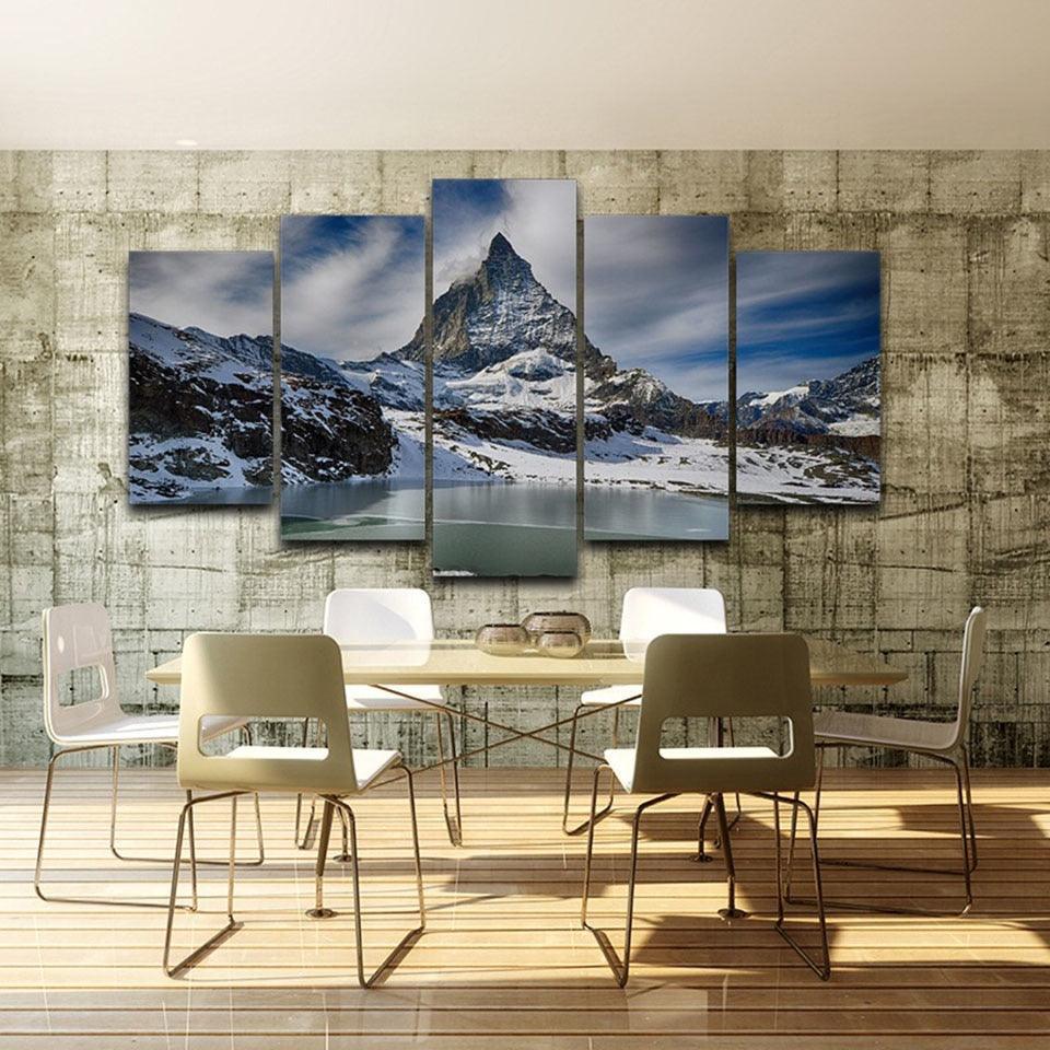 Zermatt Snow Mountain 5 Piece HD Multi Panel Canvas Wall Art Frame-Original Frame